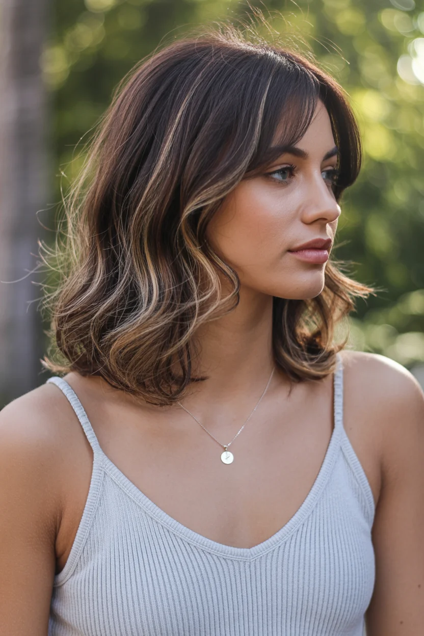 textured summer short hairstyles 2026 Dark Espresso Bob With Wispy Curtain Fringe