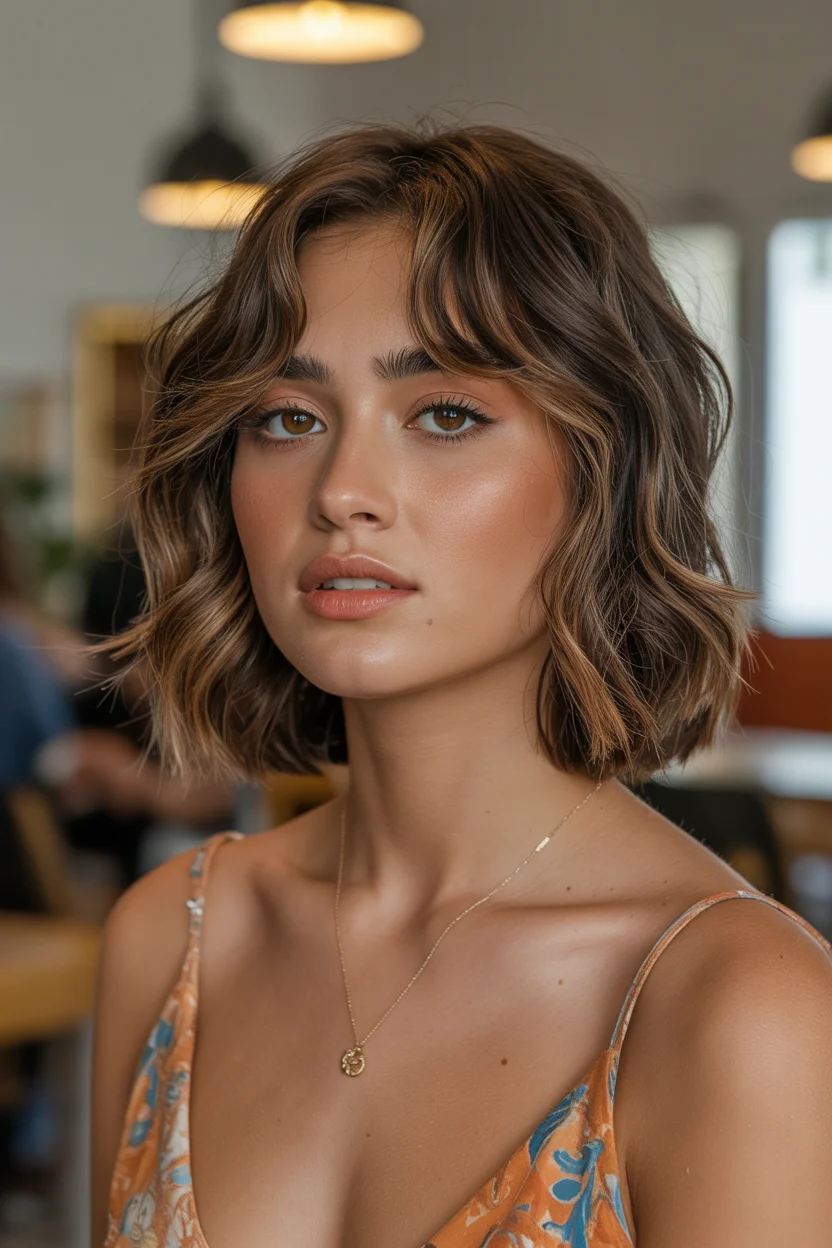 textured summer short hairstyles 2026 French-Inspired Wavy Bob With Whisper Bangs