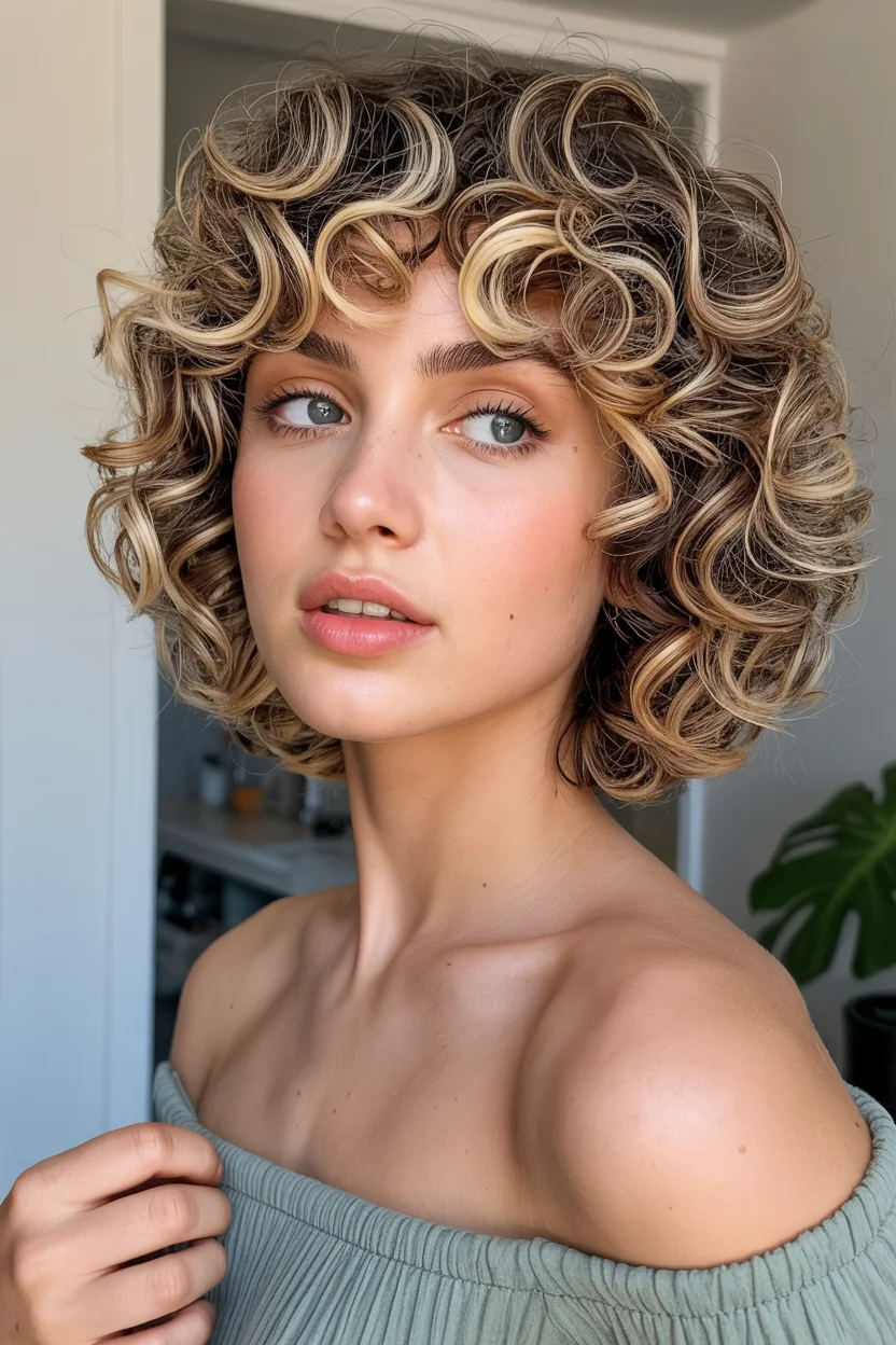 textured summer short hairstyles 2026 Curly Highlighted Crop With Playful Definition