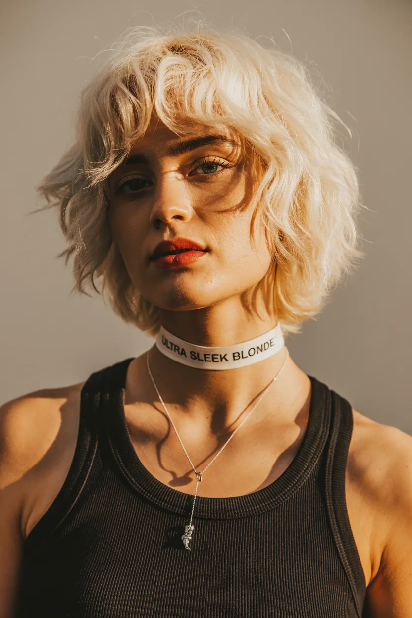 textured summer short hairstyles 2026 Choppy Platinum Bob With Rock-Chic Texture