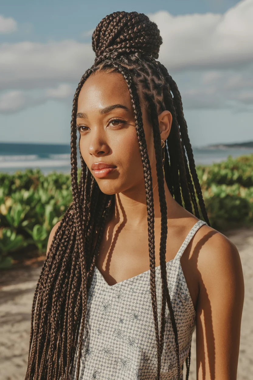 trendy summer braids hairstyle 2026 Waist-Length Box Braids With Sculptural Summer Volume