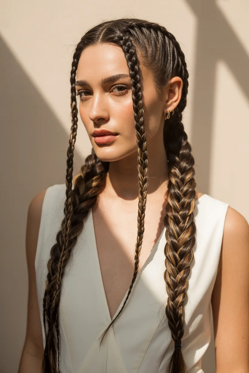 trendy summer braids hairstyle 2026 Sleek Mixed-Width Braids With Modern Editorial Energy