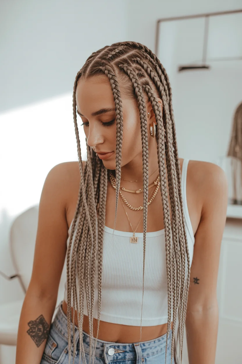 trendy summer braids hairstyle 2026 Extra-Long Ash Blonde Braids With Cool-Girl Street Style
