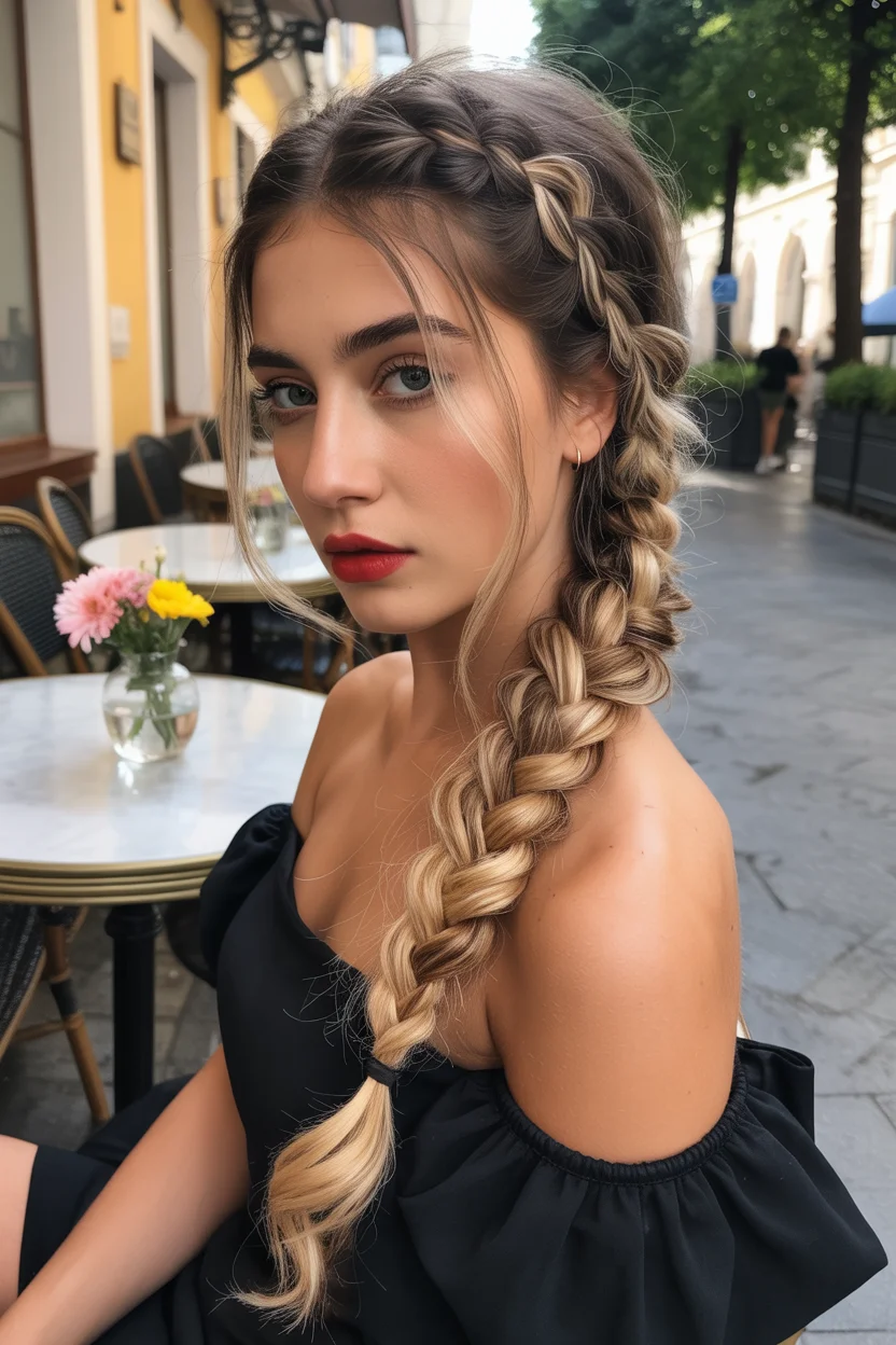 trendy summer braids hairstyle 2026 Romantic Side Braids With Espresso and Vanilla Dimension