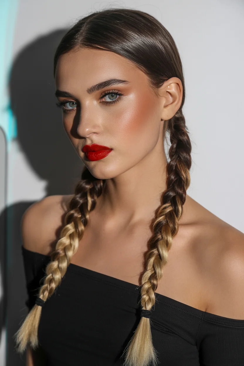 trendy summer braids hairstyle 2026 Glossy Twin Braids With Runway Energy