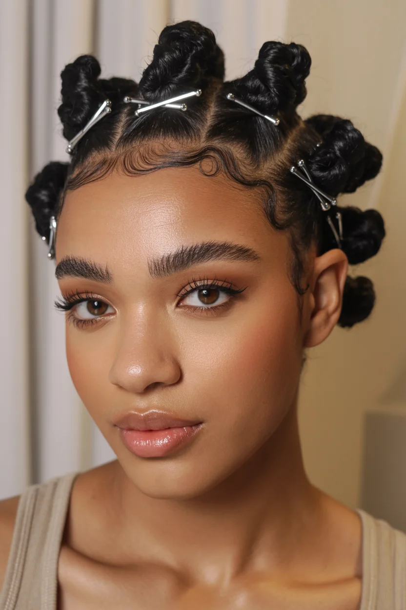 trendy summer hairstyle black women 2026 Glossy Mini Bantu Knots With Jewelry Pins