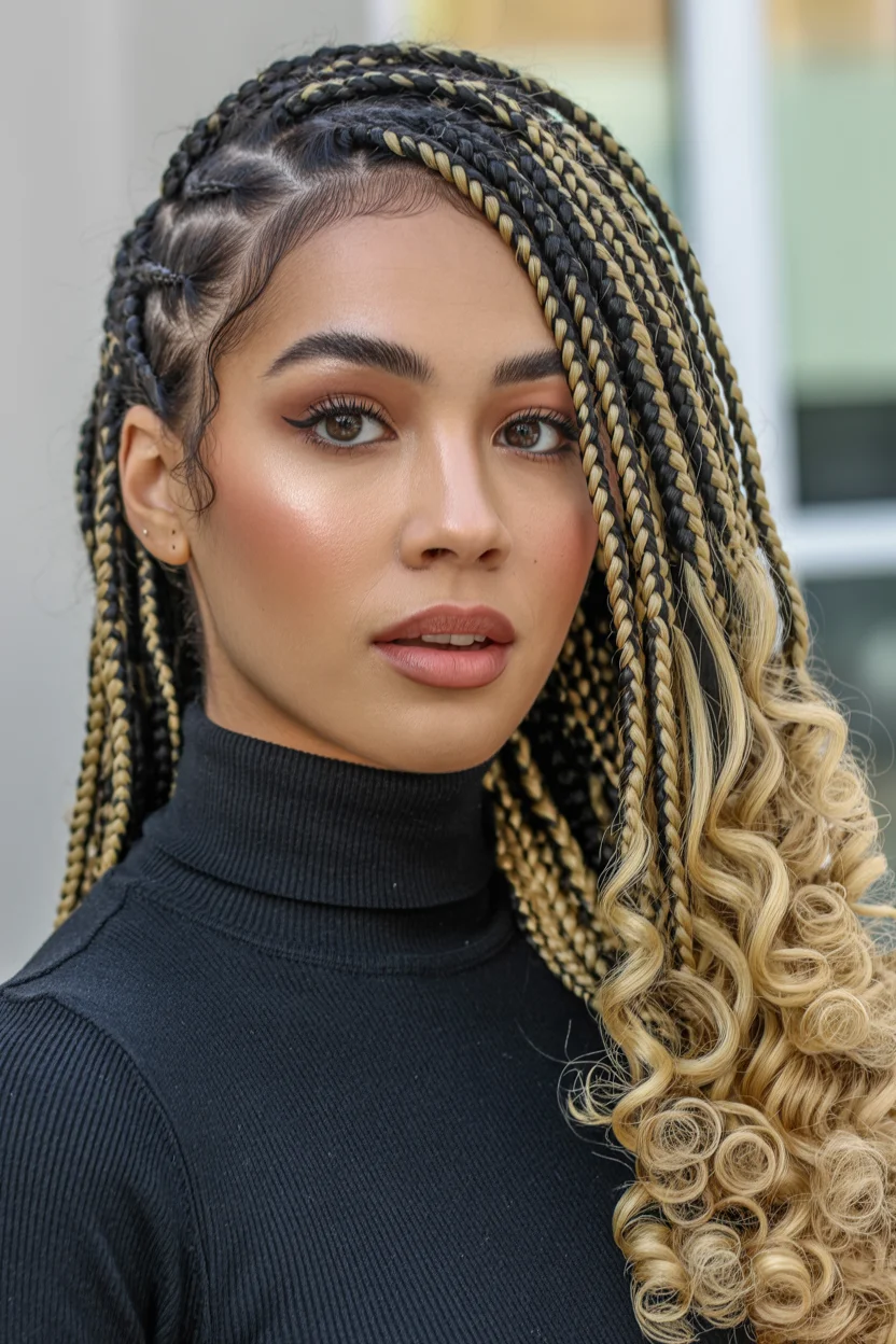 trendy summer hairstyle black women 2026 Blonde Curly Goddess Braids With Side Sweep Volume