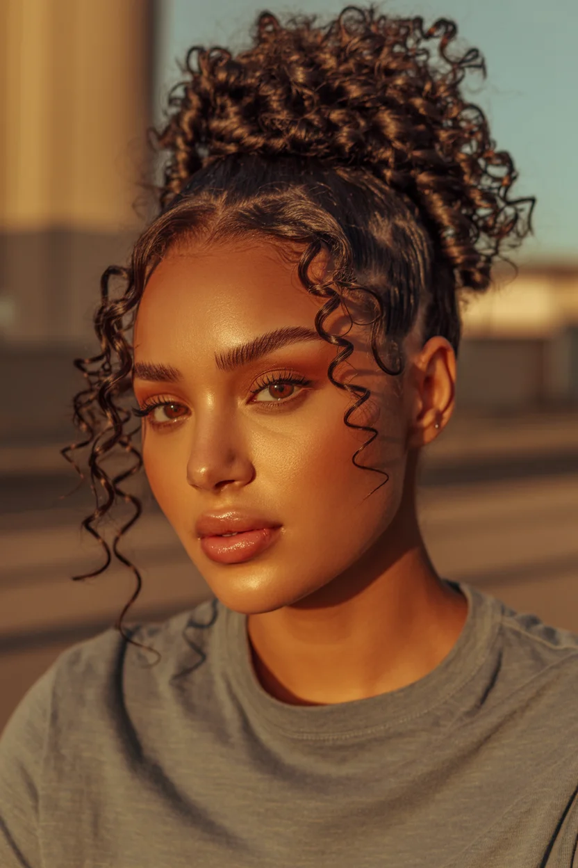 trendy summer hairstyle black women 2026 Curly High Puff With Face Framing Tendrils