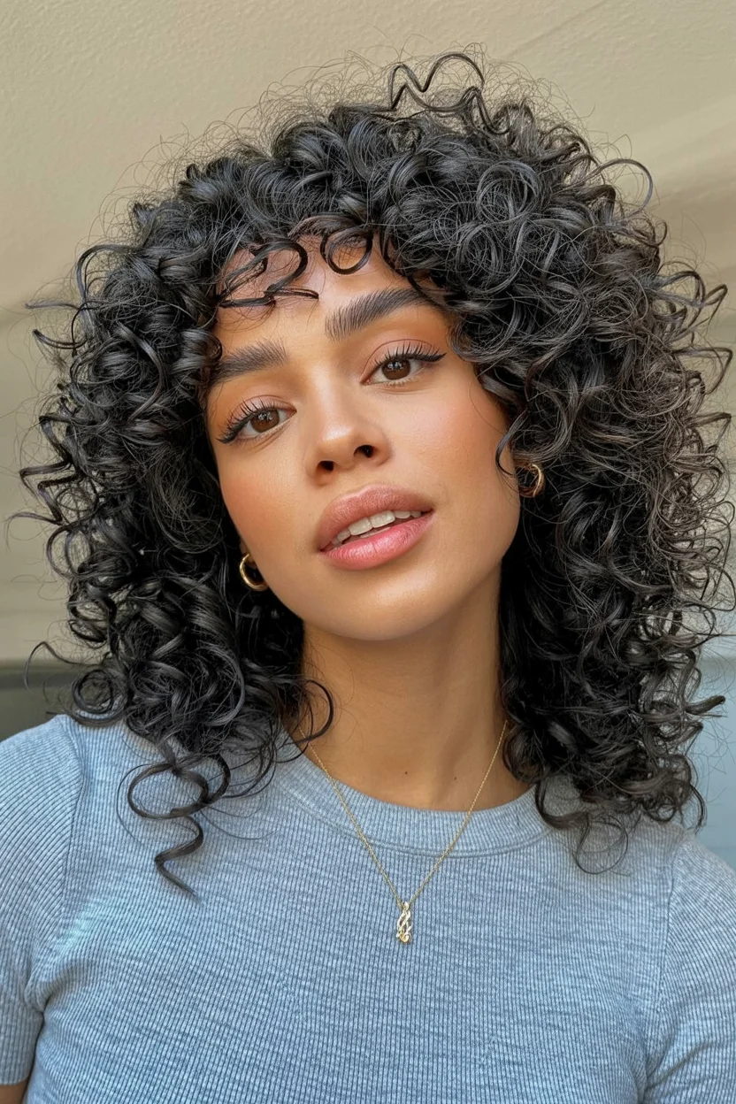 trendy summer hairstyle black women 2026 Rounded Curly Bob With Airy Fringe Texture