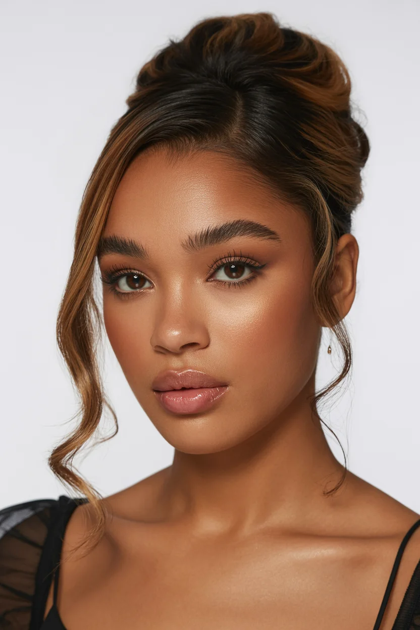 trendy summer hairstyle black women 2026 Elegant Cinnamon Updo With Loose Face Layers