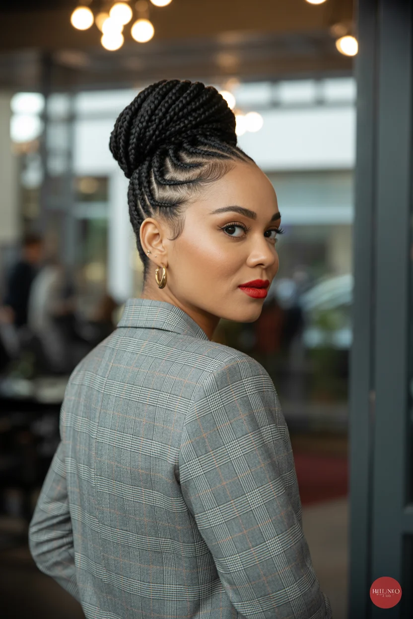 trendy summer hairstyle black women 2026 Sculpted Braided Bun With Graphic Cornrow Details