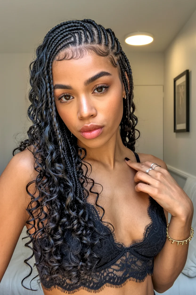 trendy summer hairstyle black women 2026 Side Swept Boho Braids With Defined Spiral Curls