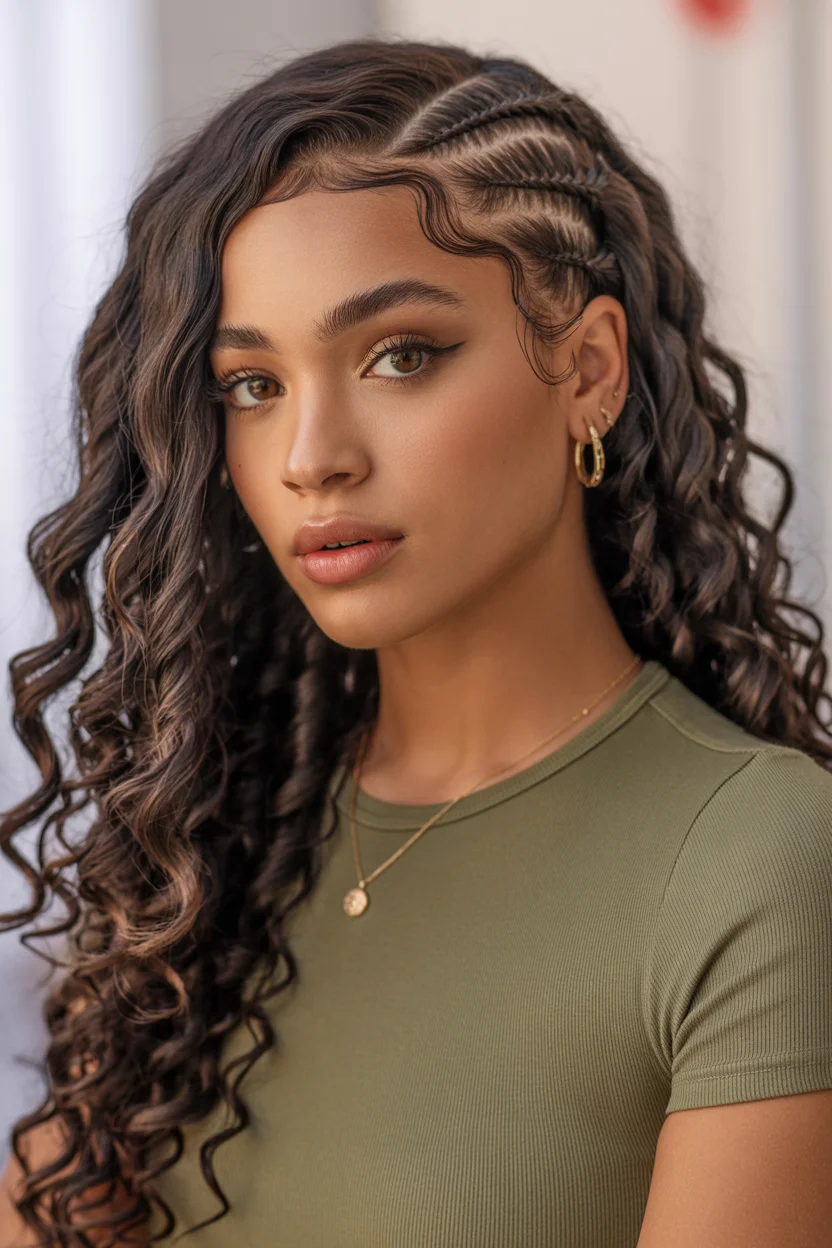 trendy summer hairstyle black women 2026 Side Cornrows With Long Defined Summer Curls
