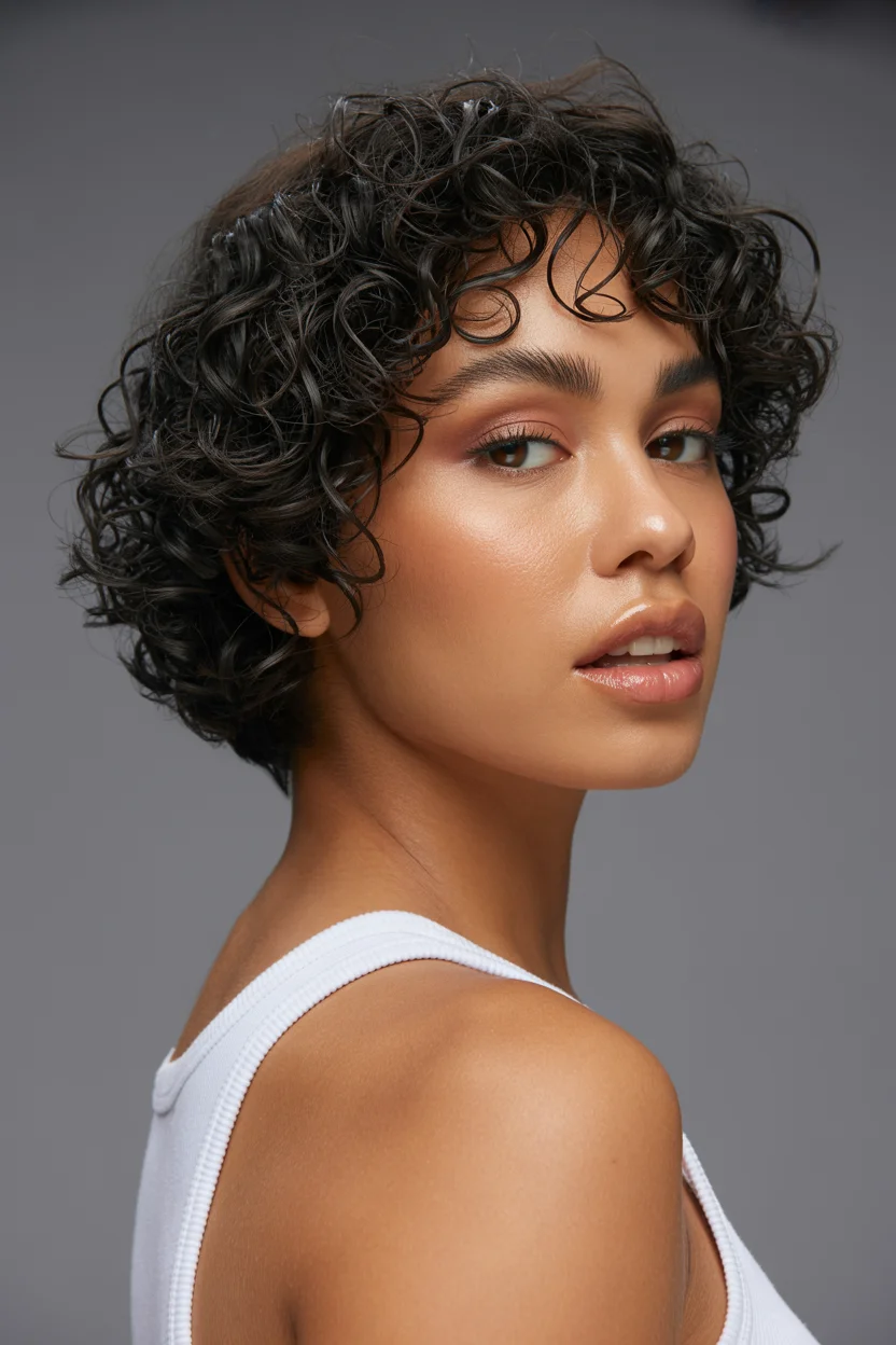trendy summer hairstyle black women 2026 Short Curly French Bob With Wispy Bangs