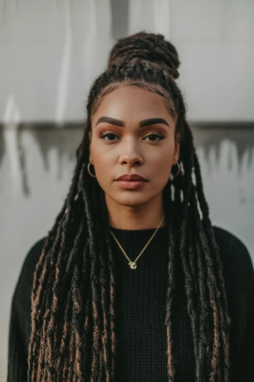 trendy summer hairstyle black women 2026 Half Up Faux Locs With a Textured Top Knot