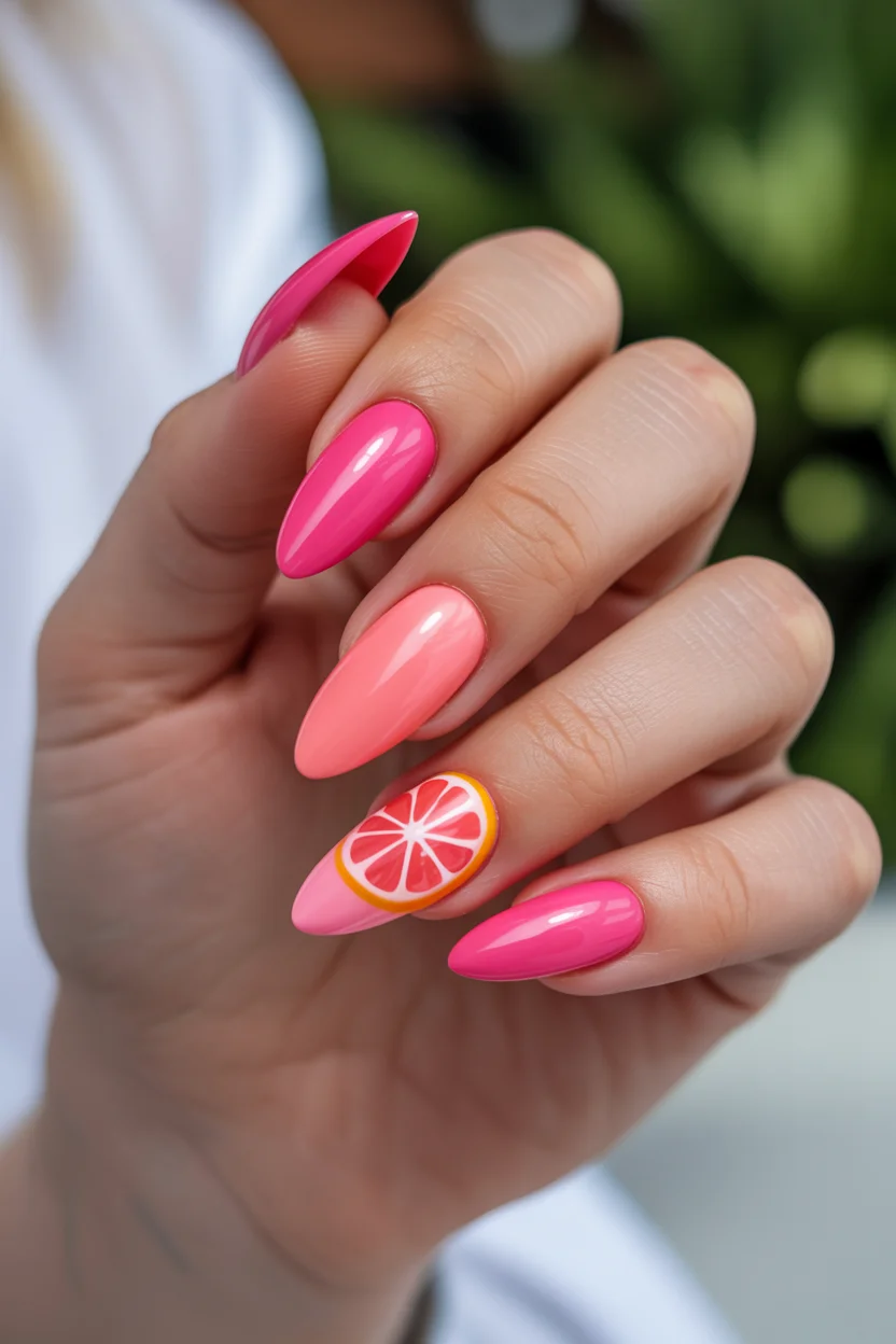 trendy summer nails 2026 Juicy Pink Citrus Nails That Feel Like Vacation Energy