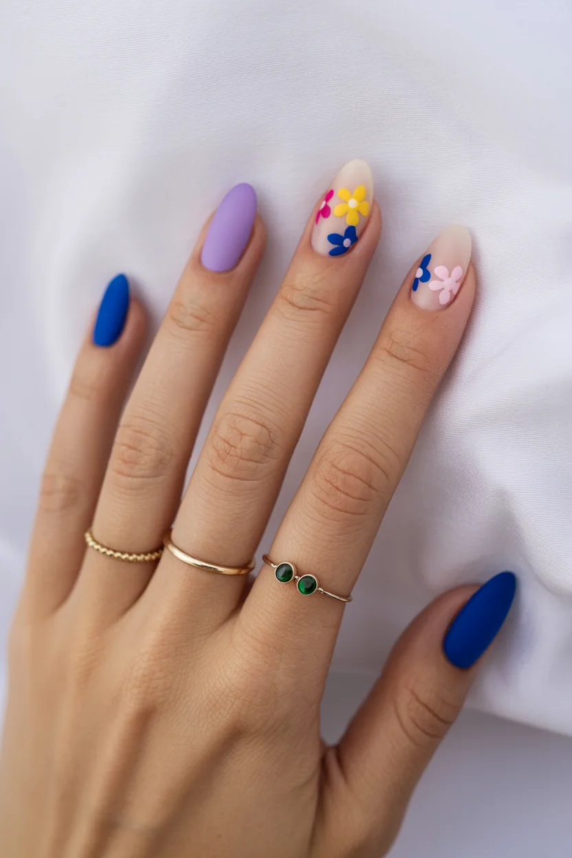 trendy summer nails 2026 Soft Lavender And Blue Floral Nails For A Romantic Summer Mood