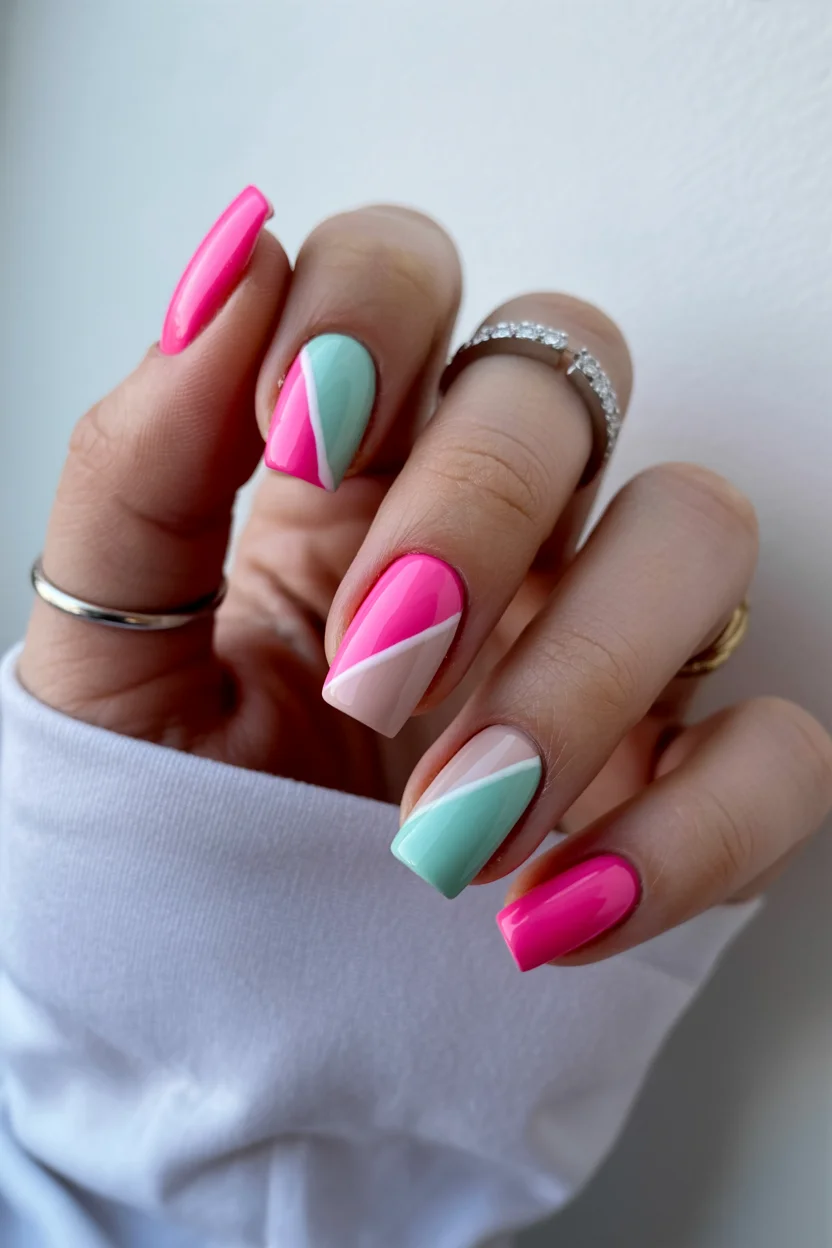 trendy summer nails 2026 Geometric Pink And Mint Nails With A Modern Barbiecore Twist