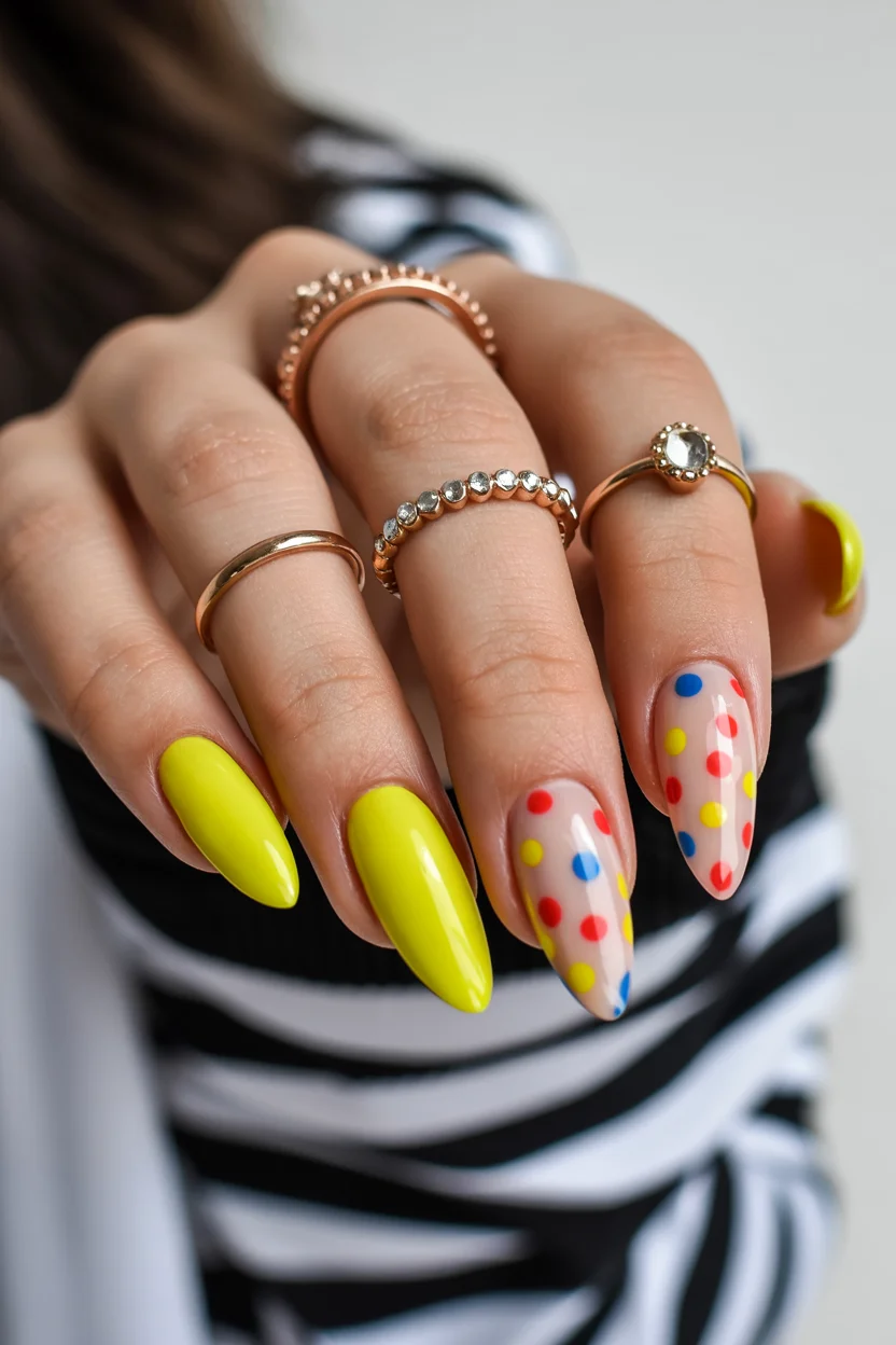 trendy summer nails 2026 Neon Yellow Polka Dot Nails That Refuse To Be Boring