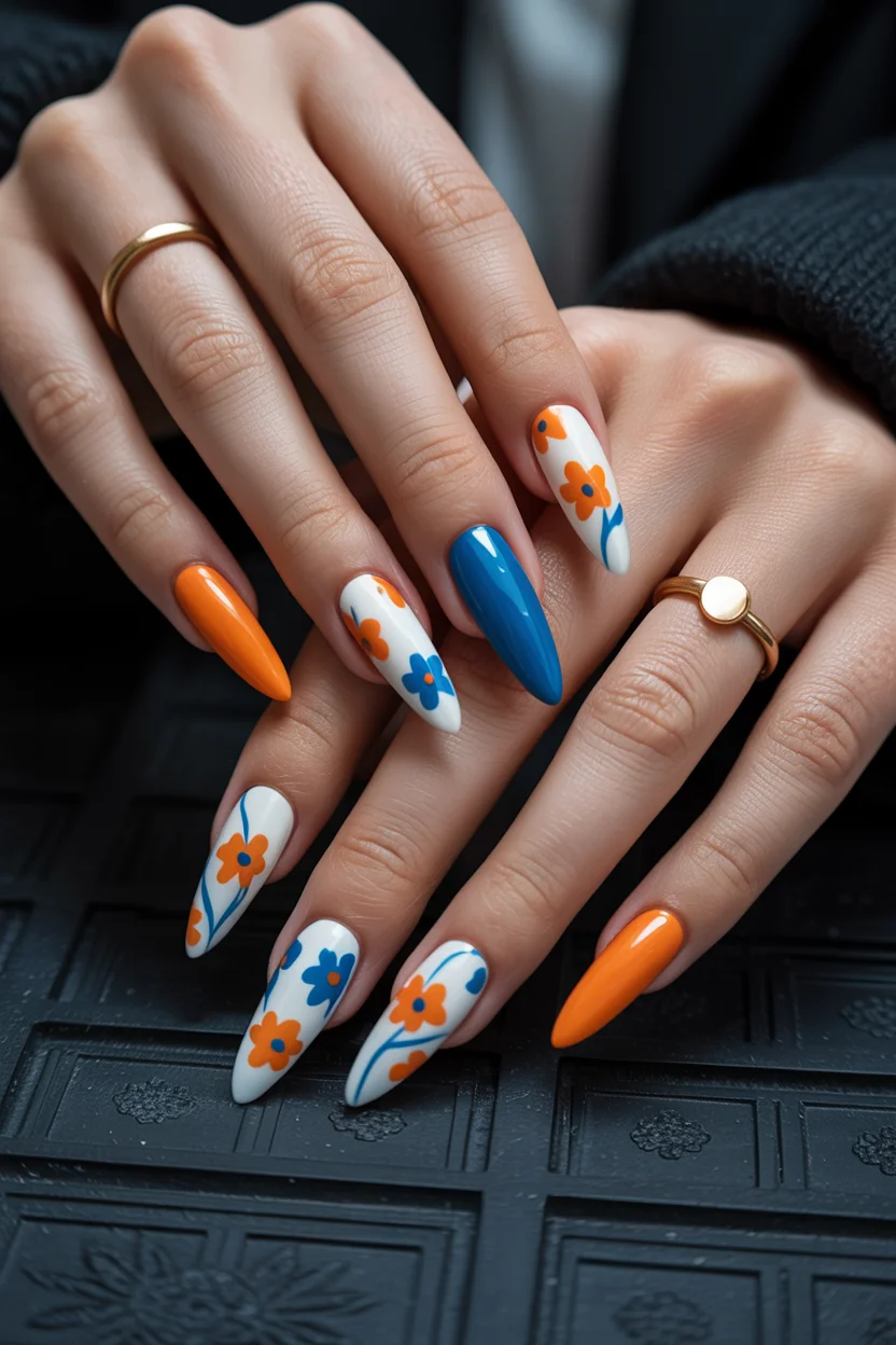 trendy summer nails 2026 Retro Orange And Blue Floral Nails With Vintage Summer Charm