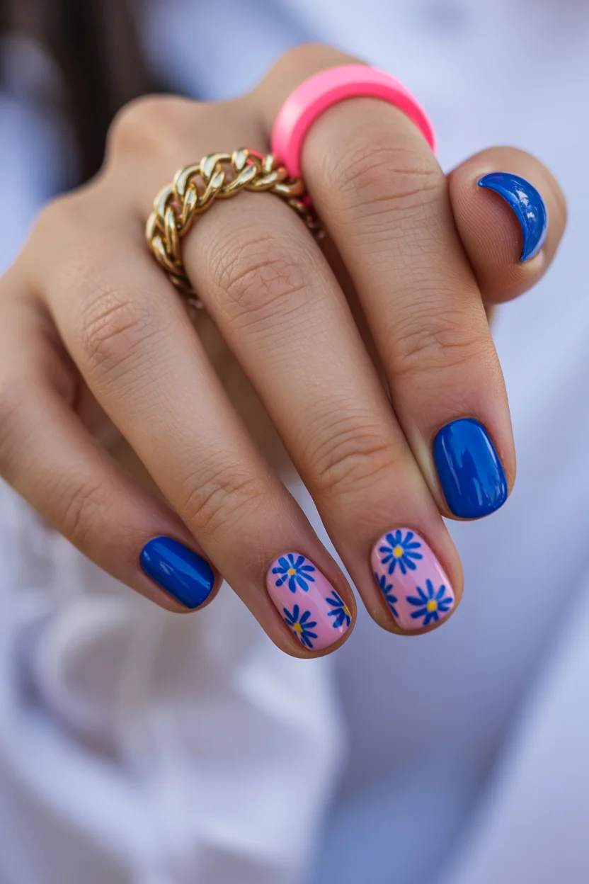 trendy summer nails 2026 Retro Blue Daisy Nails That Feel Straight Out Of A European Summer