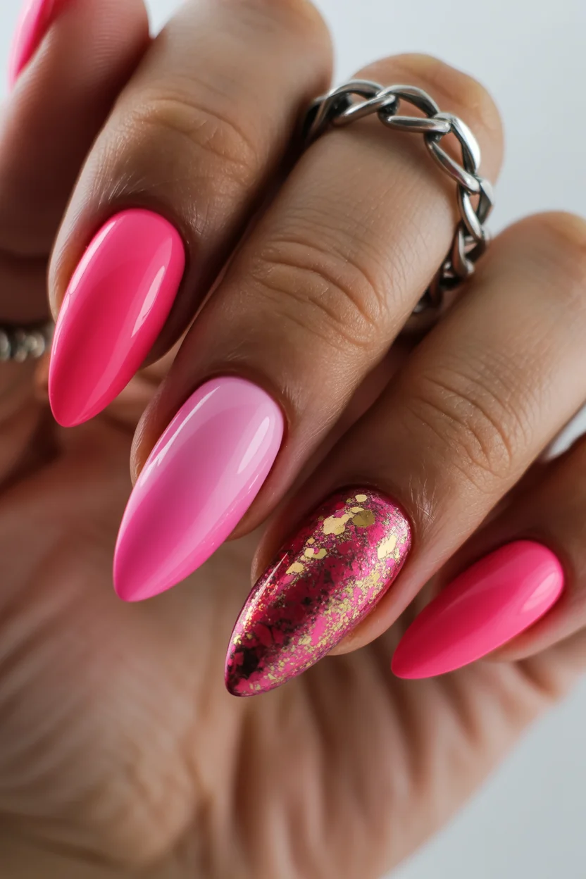 trendy summer nails 2026 Hot Pink Chrome Nails With Gold Foil Drama