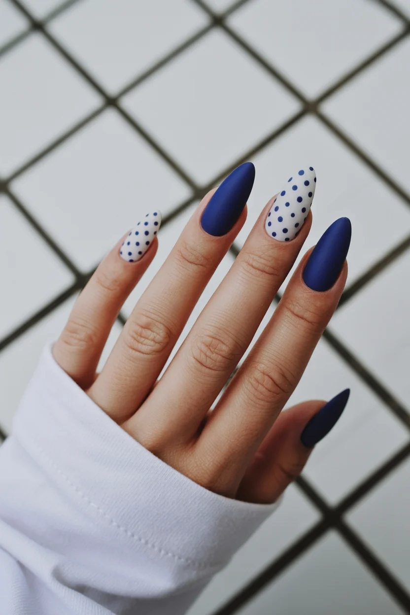 trendy summer nails 2026 Matte Navy Polka Dot Nails With Quiet Luxury Energy
