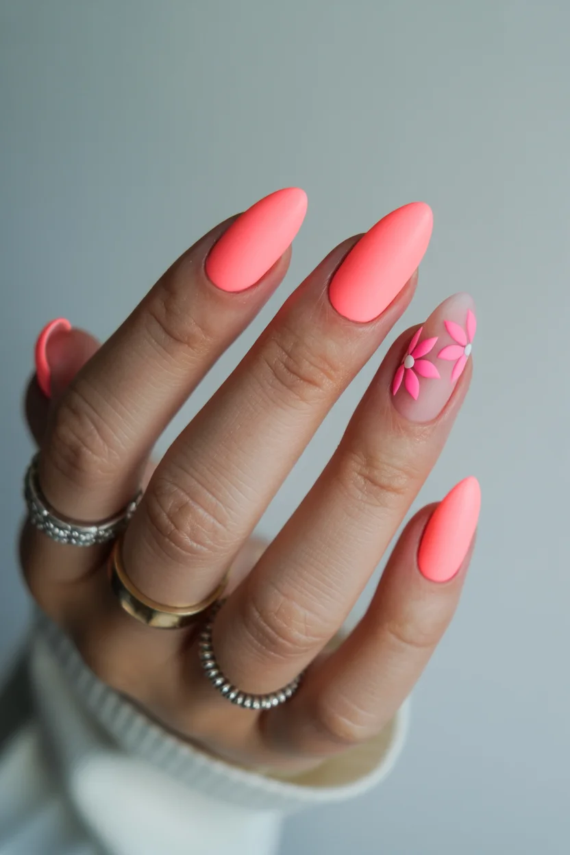 trendy summer nails 2026 Neon Coral Floral Nails That Practically Glow In Sunlight