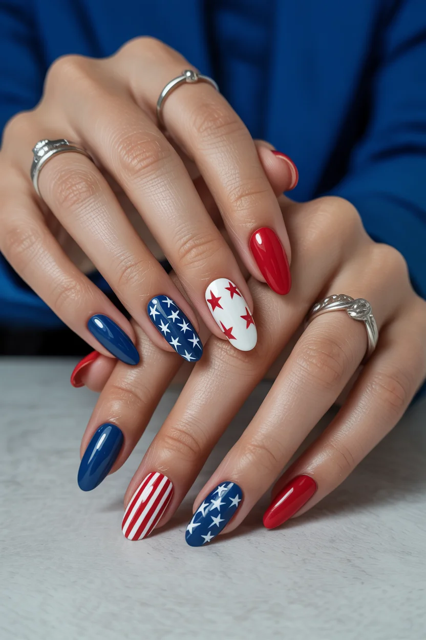 usa nails 2026 Classic Americana Almond Nails With Glossy Contrast