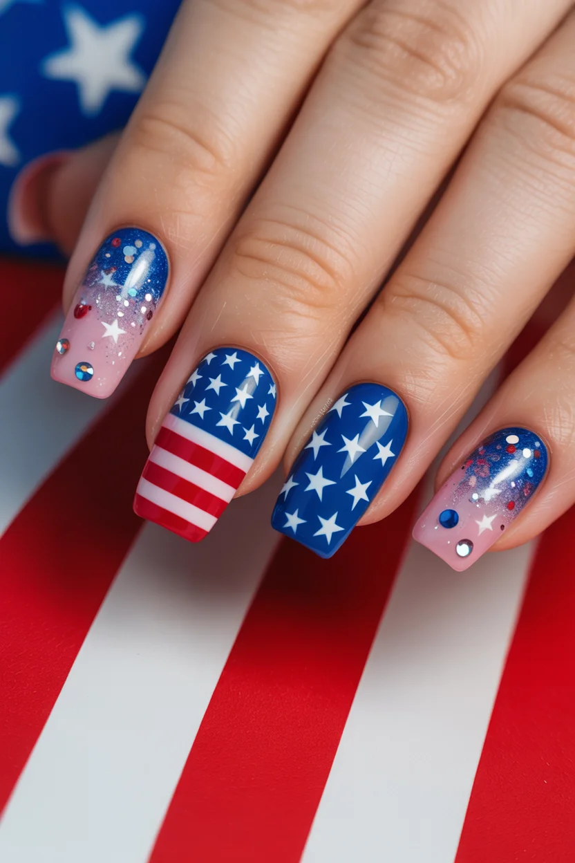 usa nails 2026 Glitter Fade USA Nails With Firework Sparkle Details