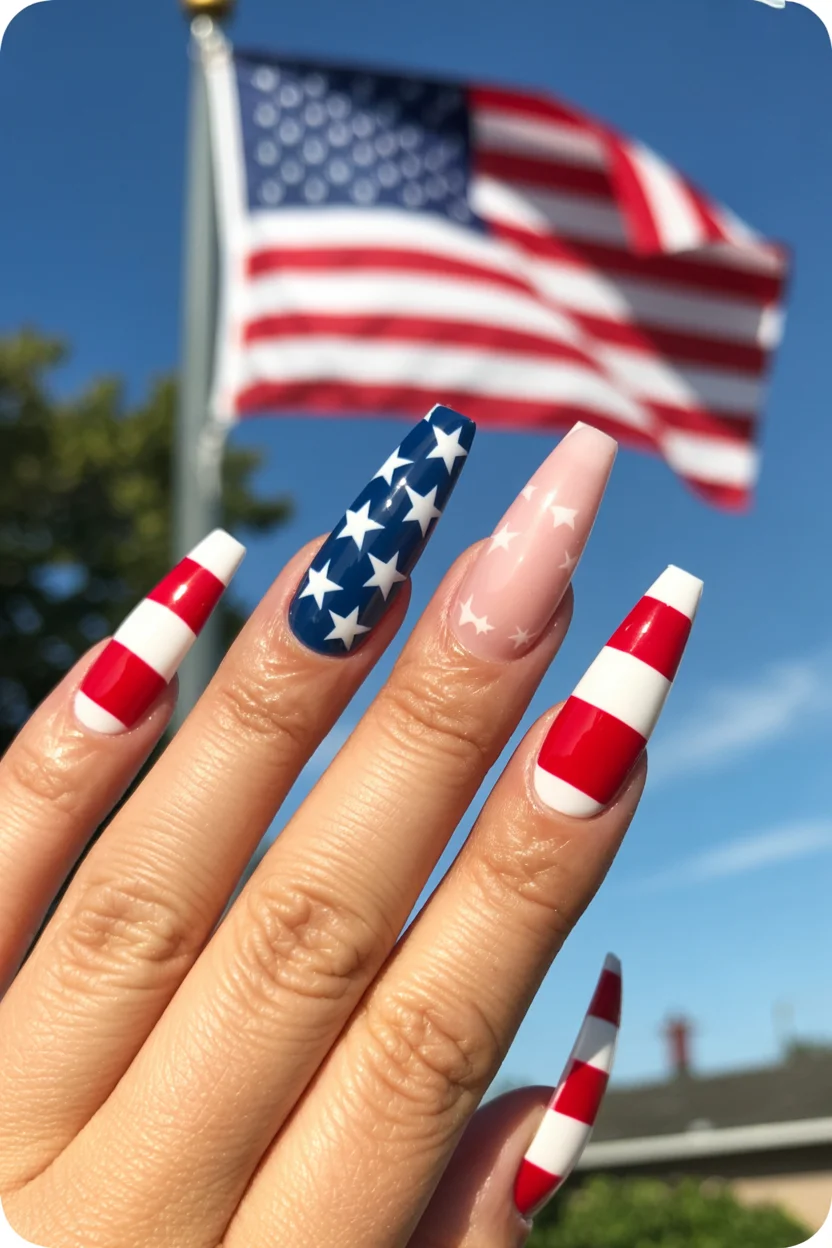 usa nails 2026 Long Coffin USA Nails With Classic Flag Details