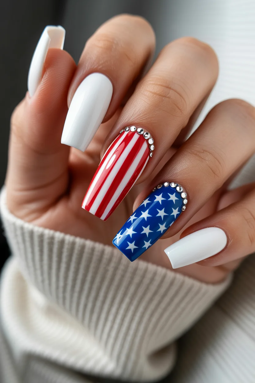 usa nails 2026 Crystal Accent Patriotic Nails With Luxe Summer Glam