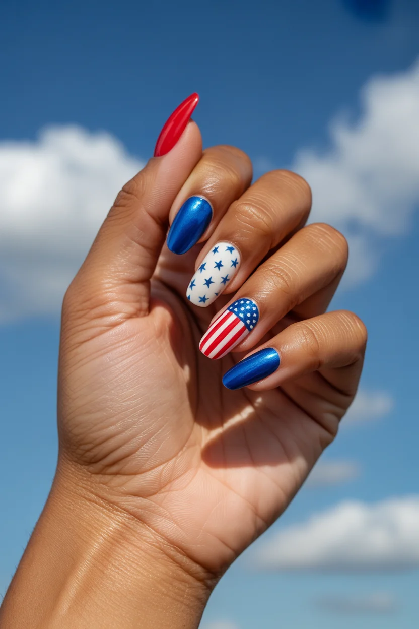 usa nails 2026 Metallic Blue USA Nails With Modern Graphic Contrast