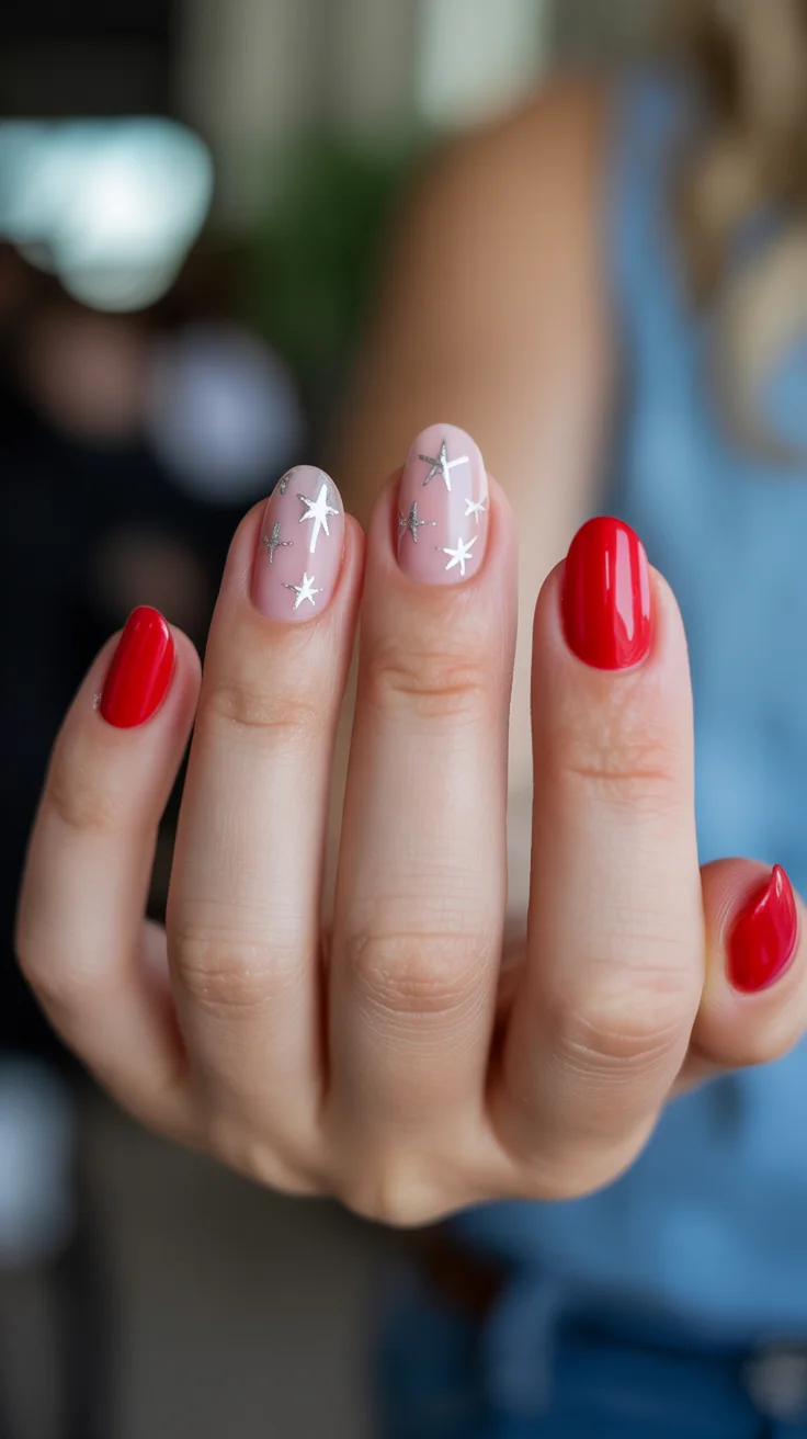 usa nails 2026 Minimal Red Nails With Delicate Silver Stars