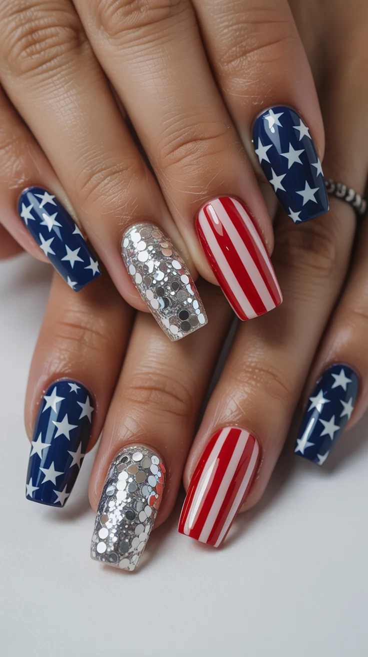 usa nails 2026 Silver Glitter Americana Nails With Statement Contrast