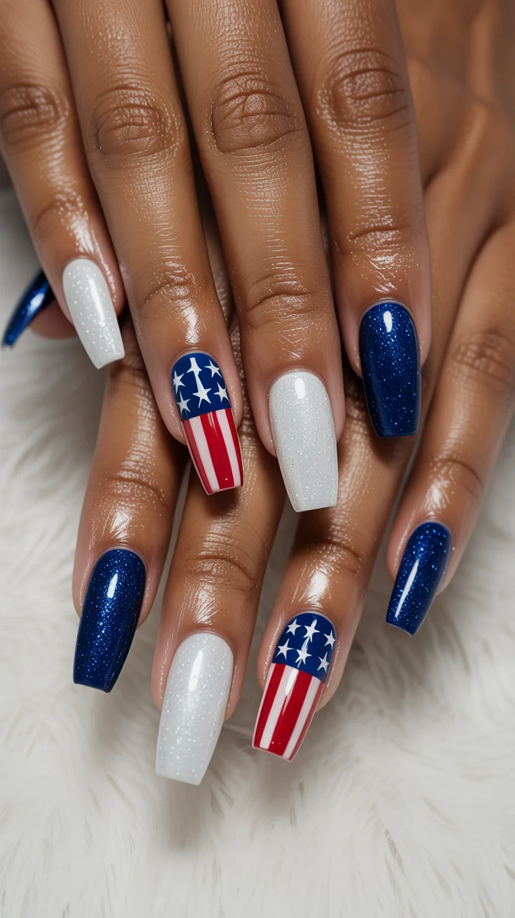 usa nails 2026 Glittery Midnight Blue Nails With Frosted White Accents