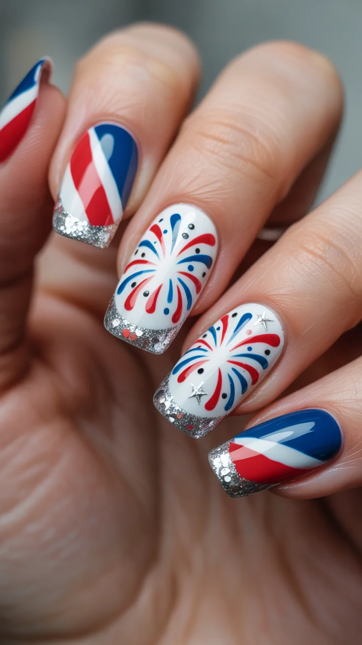 usa nails 2026 Silver French Tips With Firework Inspired Nail Art