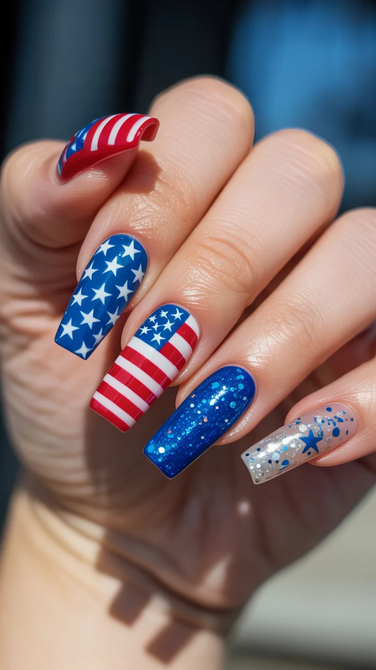 usa nails 2026 Sparkling Royal Blue Nails With Confetti Details
