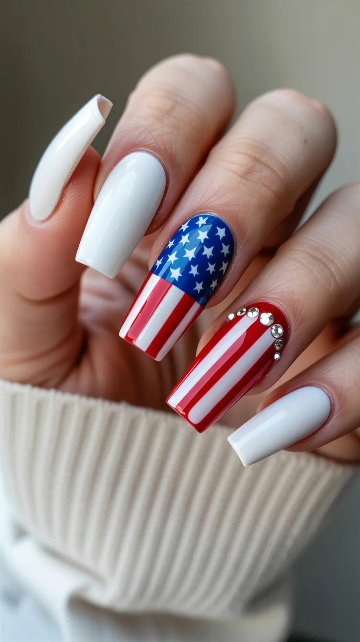 usa nails 2026 Classic Flag-Inspired Coffin Nails With Glam Details