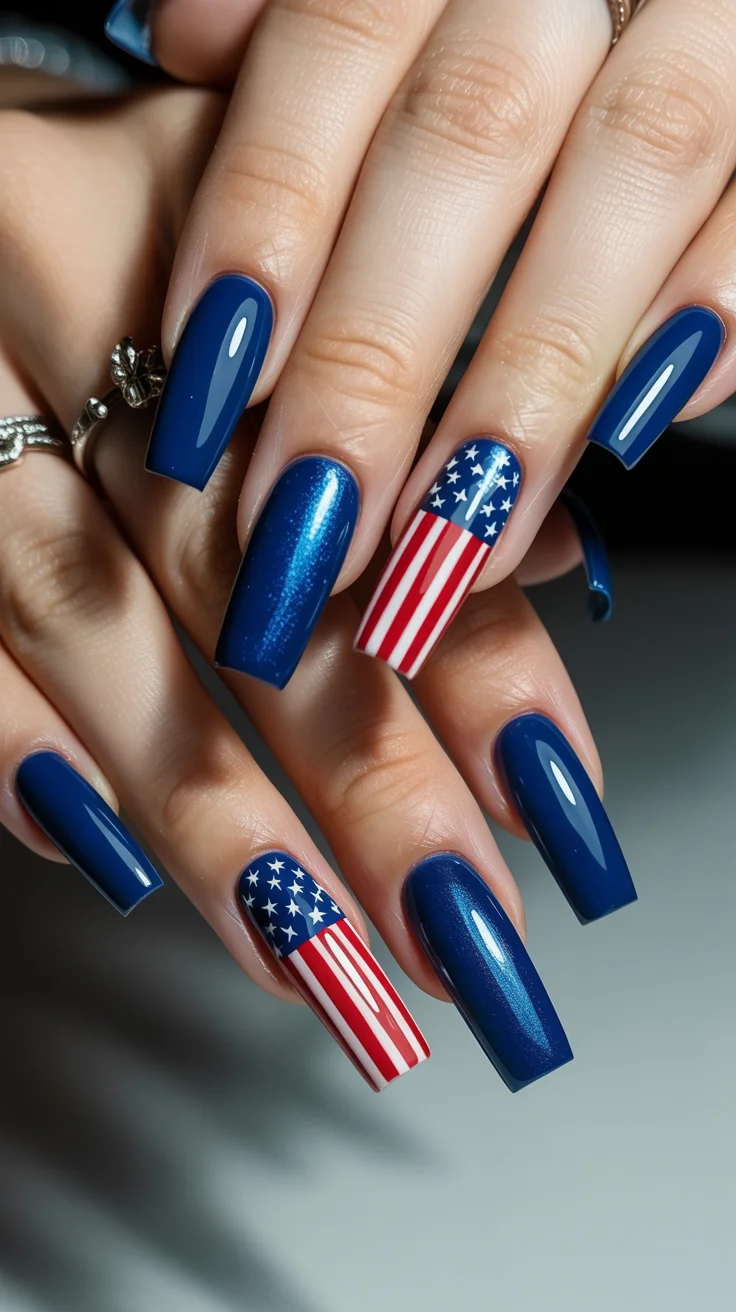 usa nails 2026 Midnight Blue Coffin Nails With Classic Flag Accents