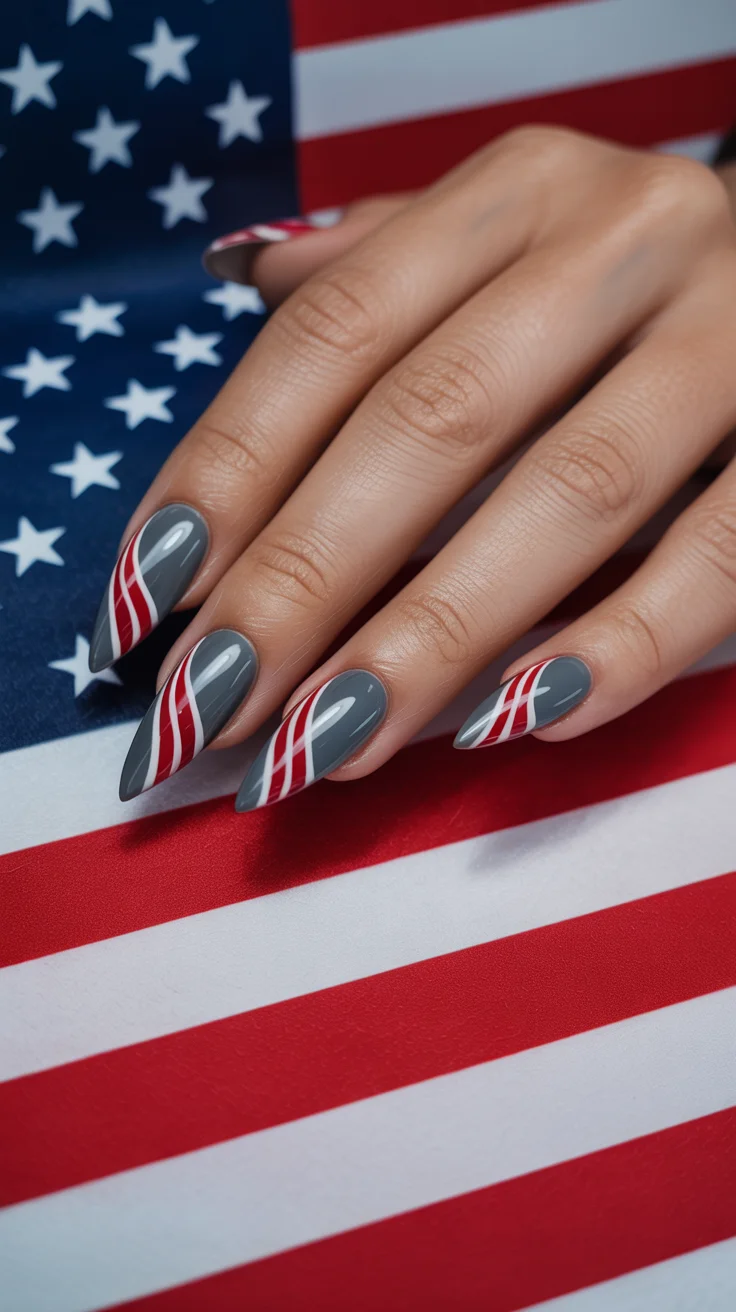 usa nails 2026 Smoky Gray Patriotic Nails With Minimalist Lines
