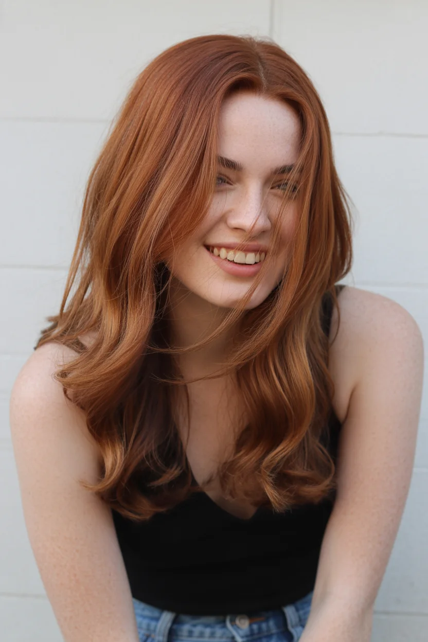 warm summer auburn hair color 2026 Soft Copper Waves That Catch Every Bit of Light