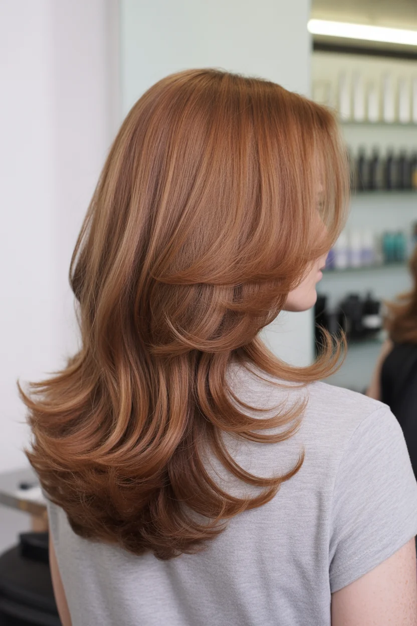 warm summer auburn hair color 2026 Feathered Auburn Layers With Soft Retro Volume