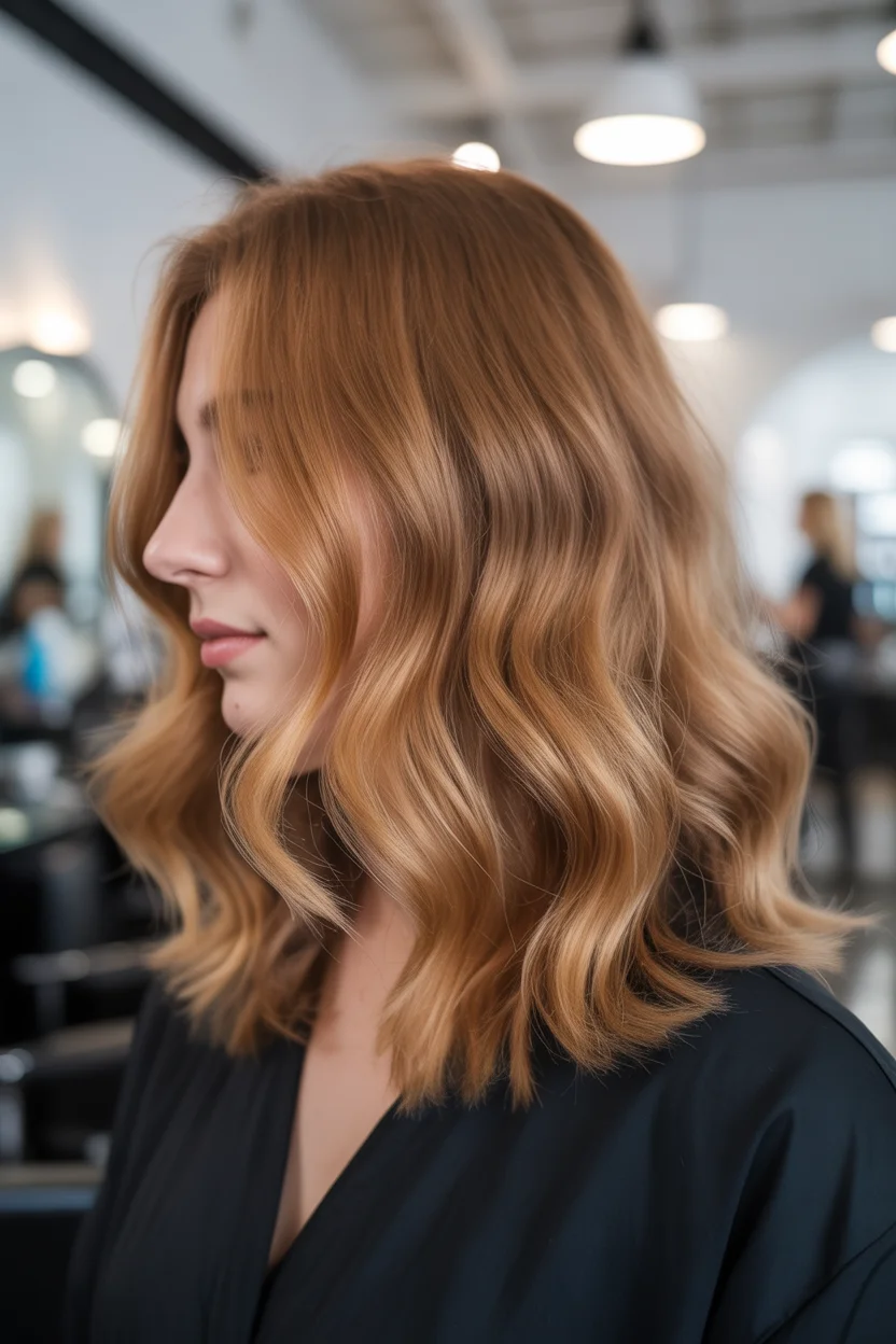 warm summer auburn hair color 2026 Soft Golden Auburn Waves With Airy Volume