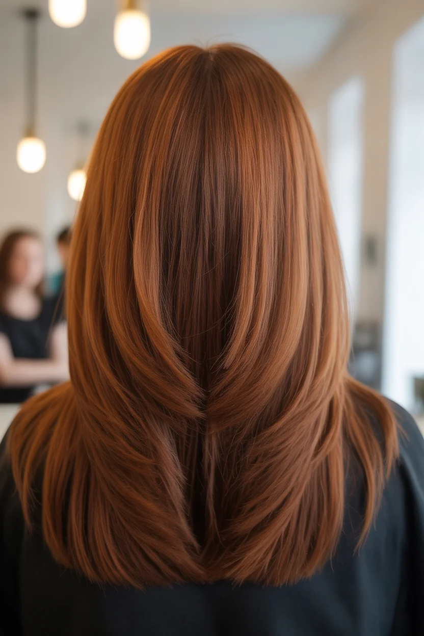 warm summer auburn hair color 2026 Sleek Layered Auburn With Structured Movement