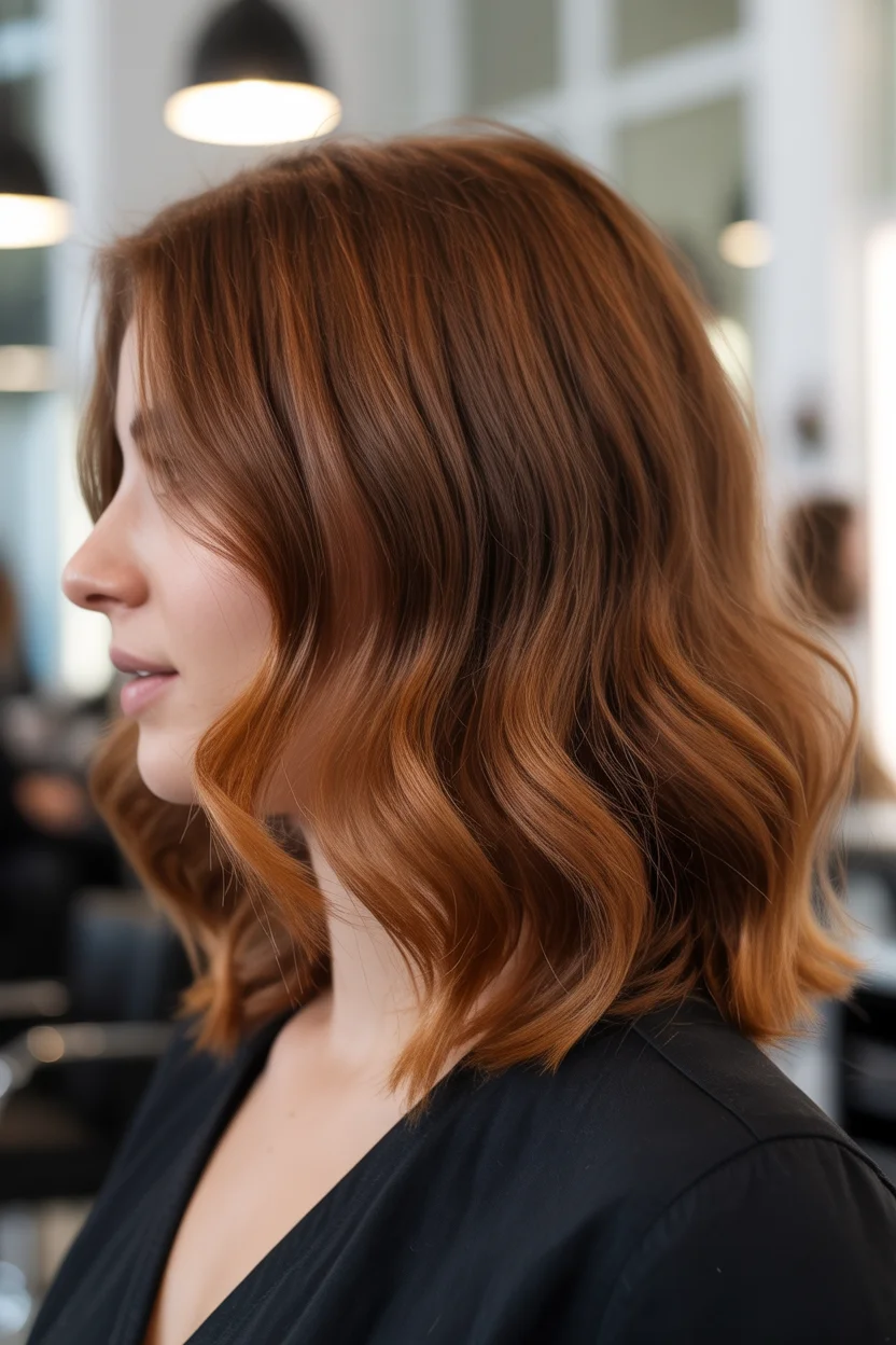 warm summer auburn hair color 2026 Textured Auburn Lob With Subtle Copper Dimension