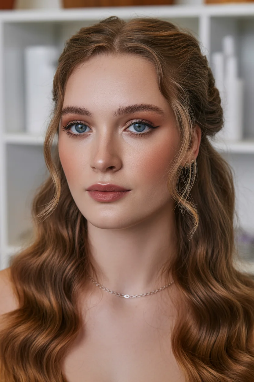 warm summer auburn hair color 2026 Soft Half Up Auburn Waves With Romantic Detail