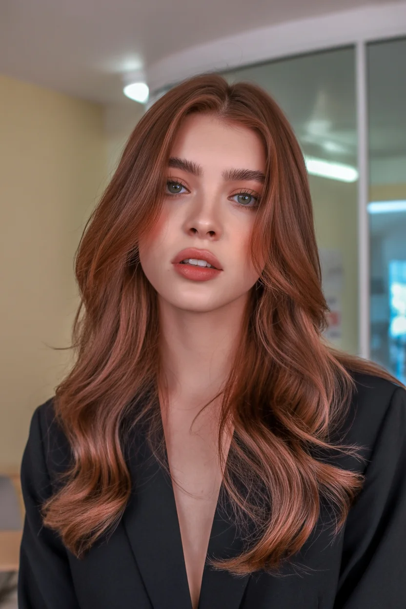 warm summer auburn hair color 2026 Deep Cinnamon Auburn With Glossy Defined Waves