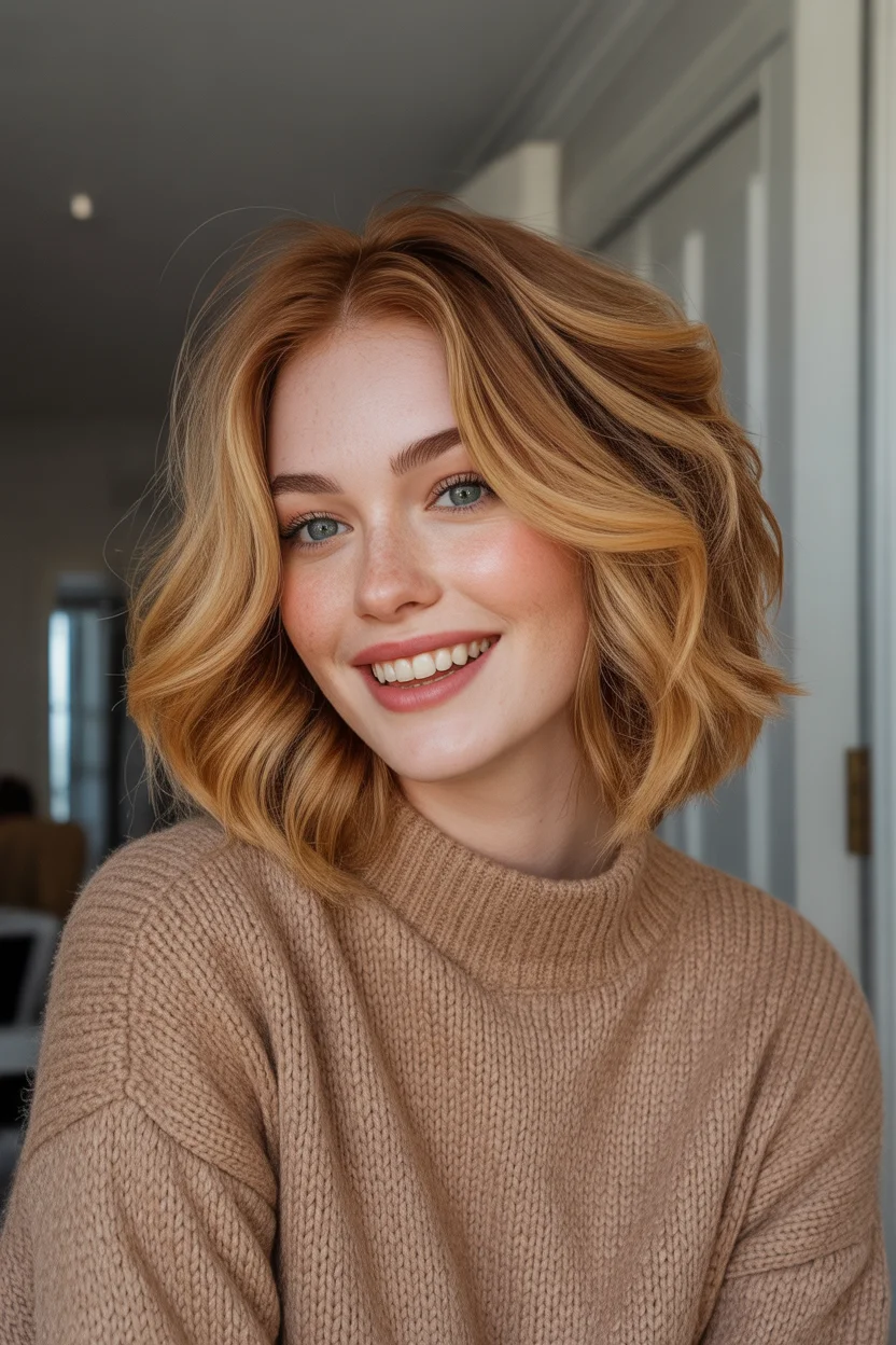warm summer auburn hair color 2026 Honey Auburn Bob That Feels Like Morning Light