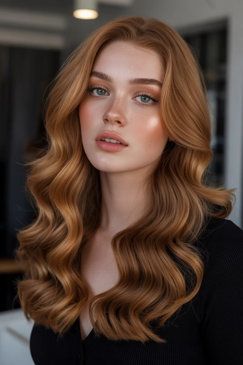 warm summer auburn hair color 2026 Warm Caramel Auburn Waves With Effortless Shine